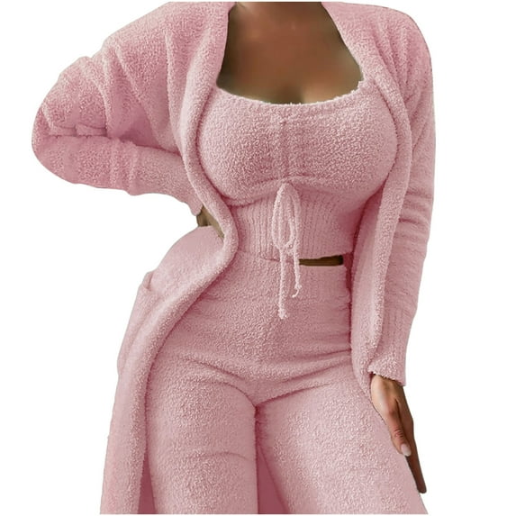 Lindreshi Womens Pajama Sets Clearance Winter Women's Casual Solid Vests and Long Sleeve Overcoat Tops and Long Pants Suits Pajamas 3-Piece Set