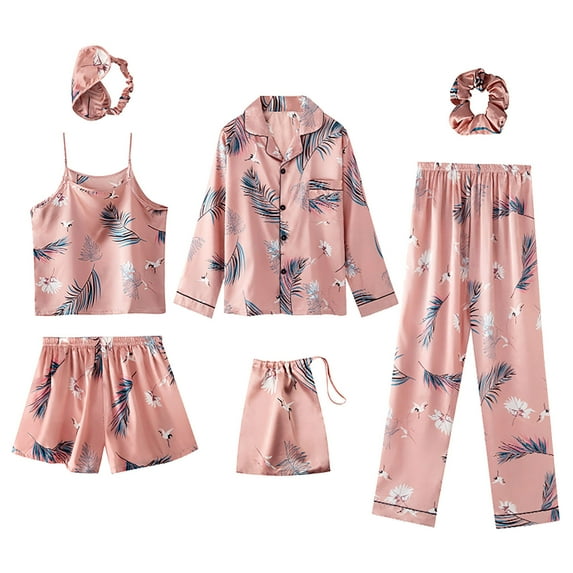 Lindreshi Womens Pajamas Sets 7 Women's Pajamas Sets Faux Silk Pyjama Women's Pajamas Sleepwear Sets Spring Summer Homewear