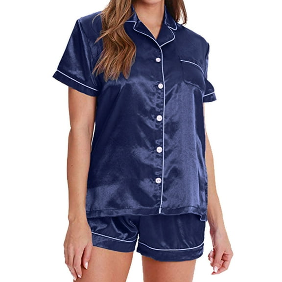 Lindreshi Womens Pajamas Sets Women Summer Home Satin Pajama Short Sleeve Set Sleepwear PJs