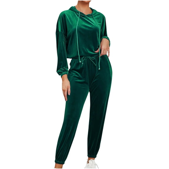 Lindreshi Womens Plus Size Pajama Sets Clearance Women's Casual Cutumn and Winter Solid Color Pullover Hooded Long Sleeve Shirt+Trousers Suit