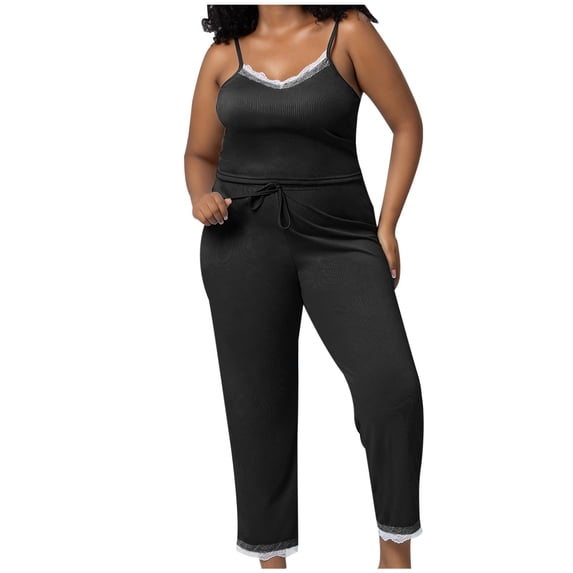 Lindreshi Womens Plus Size Pajamas Sets Women's Summer Elastic Thin Quarter Thin Style Casual Pajamas Loose Size Pants Oversized Pajamas Pendulous Cool Lace Camisole Home Furnishing