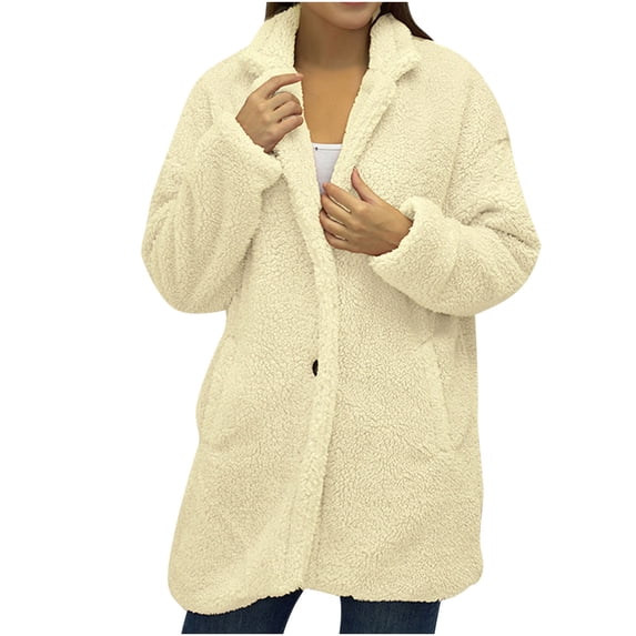 Lindreshi Womens Shackets Coat in Clothing Clearance Women'S Fashion Long Sleeve Loose Solid Color Button Pocket Lapel Thickened Plush Coat Blouse