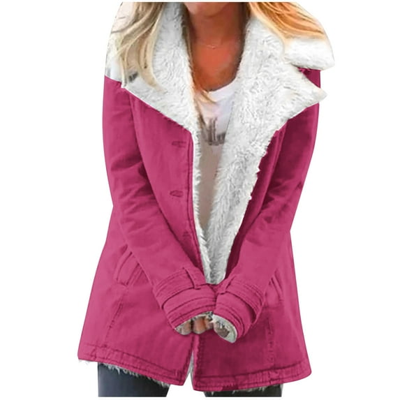 Lindreshi Womens Shackets Coat in Clothing Clearance Women's Fashion Long Sleeve Pocket Plush Button Coat