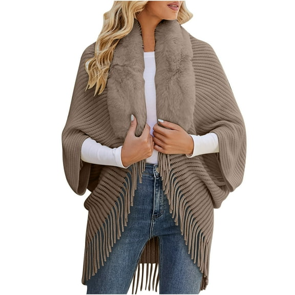 Lindreshi Womens Shackets Coat in Clothing Clearance Women's Knitted Cape Coat with Collar Fringe Shawl
