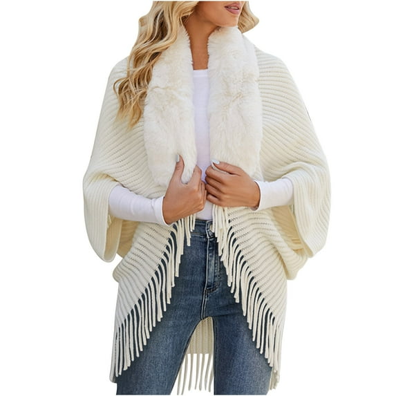 Lindreshi Womens Shackets Coat in Clothing Clearance Women's Knitted Cape Coat with Collar Fringe Shawl