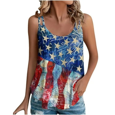 Lindreshi Womens Tank Tops Summer Trendy 2024 Women's Spring and Summer New Tank Eyelet Embroidery Scoop Neck Independence Day Print Casual Fashion Top