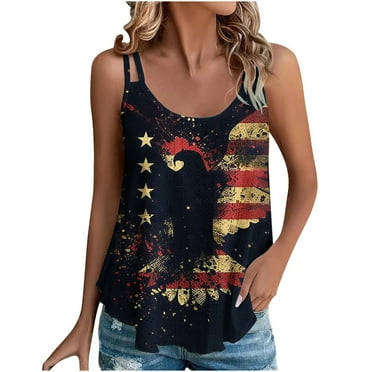 Lindreshi Womens Tank Tops Summer Trendy 2024 Women's Spring and Summer New Tank Eyelet Embroidery Scoop Neck Independence Day Print Casual Fashion Top