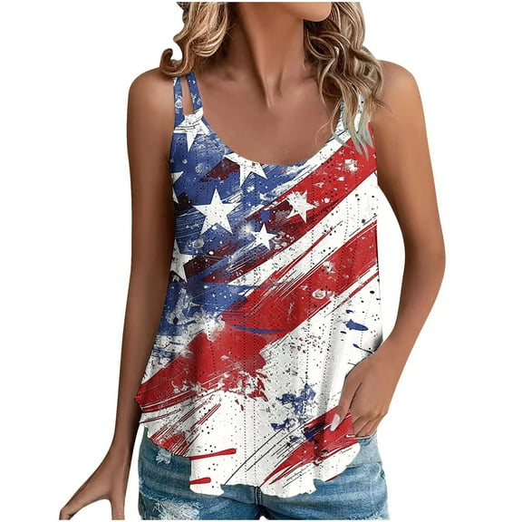 Lindreshi Womens Tank Tops Summer Trendy 2024 Women's Spring and Summer New Tank Eyelet Embroidery Scoop Neck Independence Day Print Casual Fashion Top