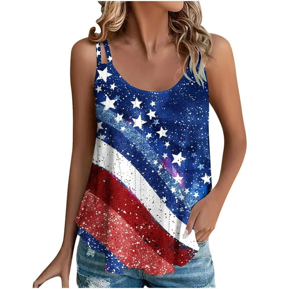 Lindreshi Womens Tank Tops Summer Trendy 2024 Women's Spring and Summer New Tank Eyelet Embroidery Scoop Neck Independence Day Print Casual Fashion Top