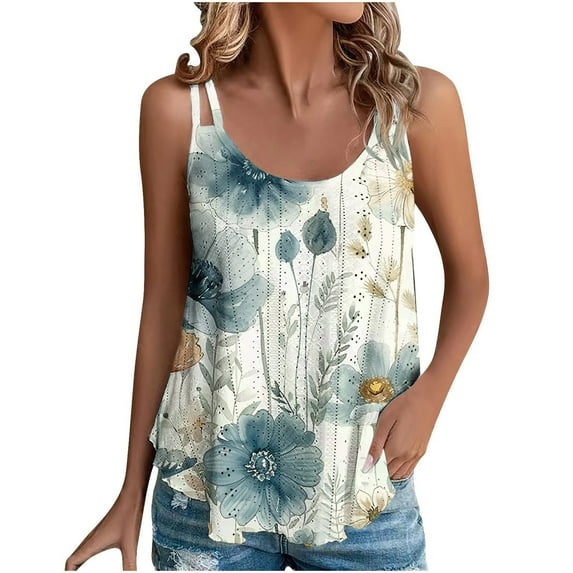 Lindreshi Womens Tank Tops Summer Trendy 2024 Women's Spring and Summer New Tank Eyelet Embroidery Scoop Neck Fashion Print Casual Fashion Top