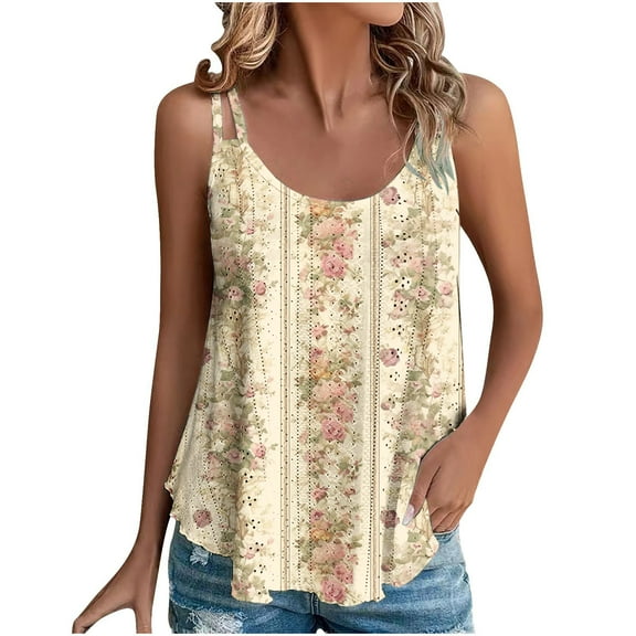 Lindreshi Womens Tank Tops Summer Trendy 2024 Women's Spring and Summer New Tank Eyelet Embroidery Scoop Neck Fashion Print Casual Fashion Top