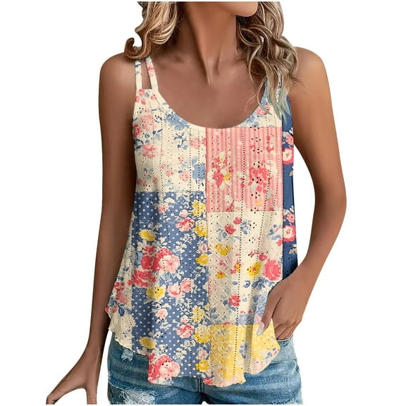 Lindreshi Womens Tank Tops Summer Trendy 2024 Women's Spring and Summer New Tank Eyelet Embroidery Scoop Neck Fashion Print Casual Fashion Top