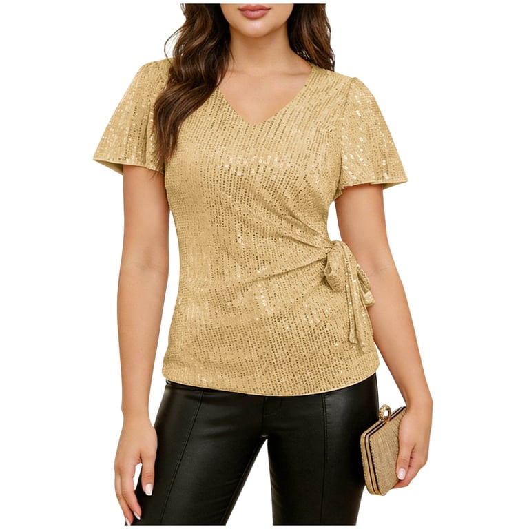 dress blouses for party Lindreshi Womens Tops Dressy Blouses V Neck Short-Sleeve Sequin Wrap Solid Party Blouse Shirts, Women's, Size: 2XL