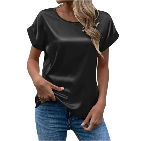 Lindreshi Womens Tops Womens Fashion Fashion Women's Summer Round-Neck Solid Short Sleeve Sexy Top Blouse
