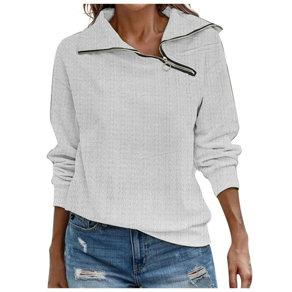 Lindreshi Zip Sweatshirts for Women without Hood Spring New Women's Retro Casual Neck Zipper Solid Color Sweater Plaid Pullover Sweater Top