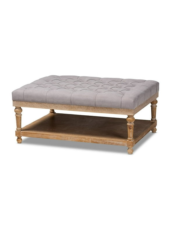 Lindsey Modern and Rustic Grey Linen Fabric Upholstered and Greywashed Wood Cocktail Ottoman