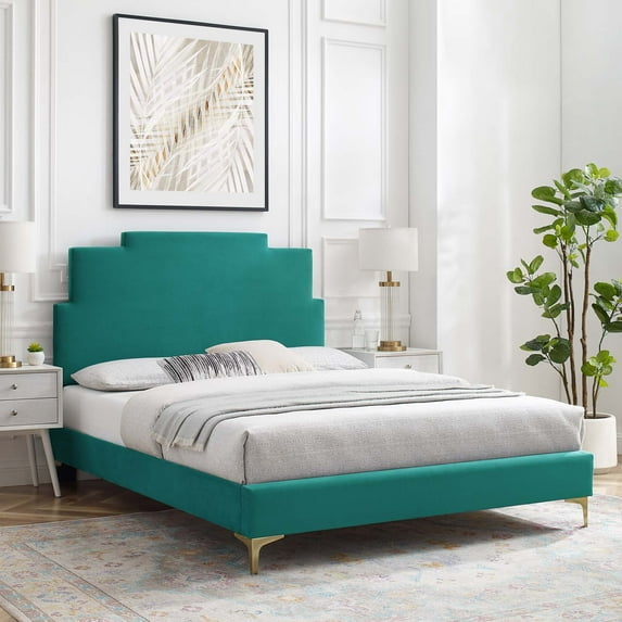Modway Lindsey Performance Velvet Twin Platform Bed in Teal