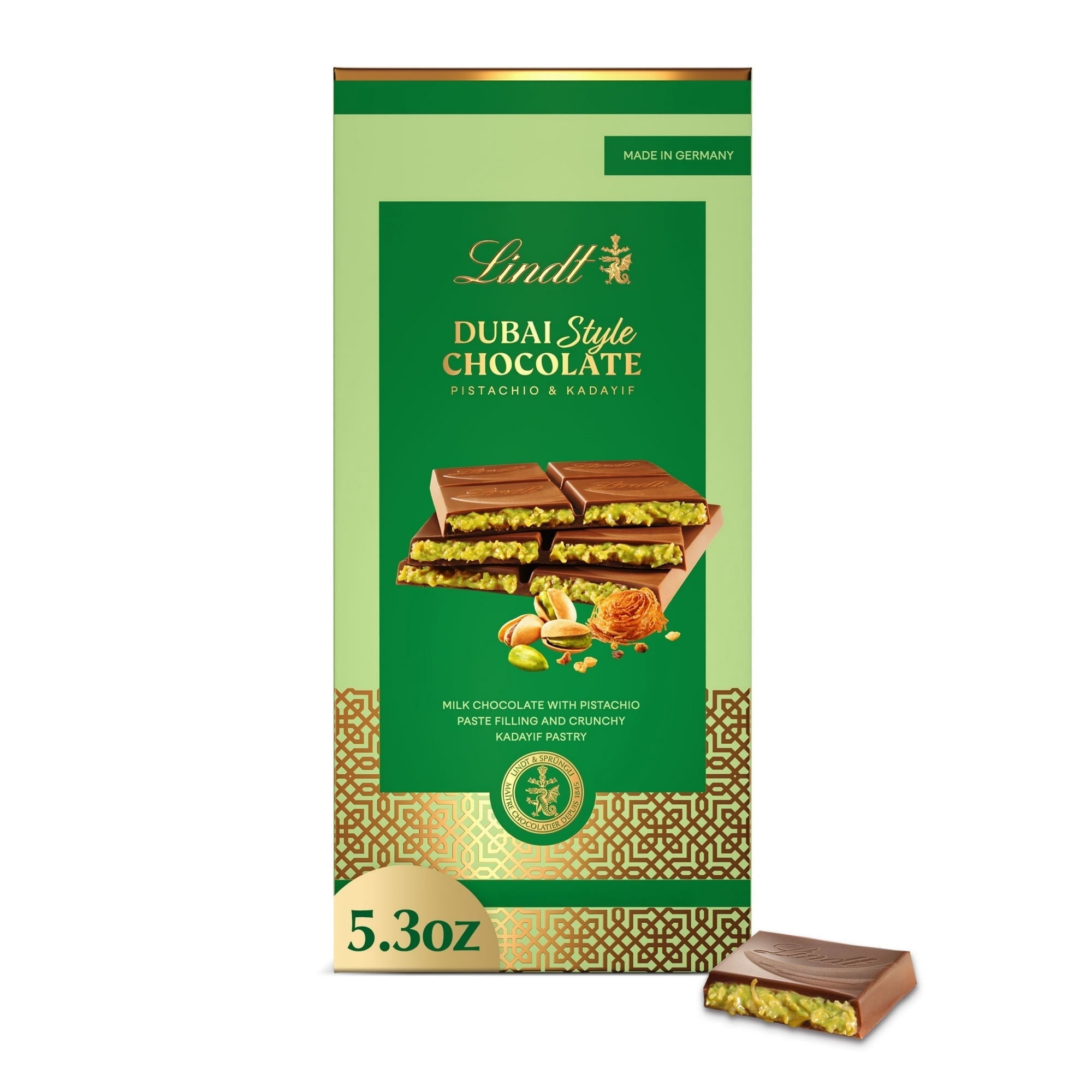 (PACK OF 4) Lindt Dubai Style Milk Chocolate Candy with Pistachio & Kadayif, 5.3 oz. Bar