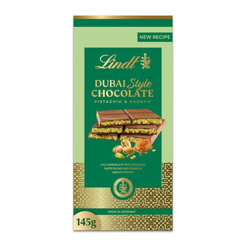 Lindt Dubai Style Milk Pistachio Chocolate Bar 145g, British Import (Pack of 3)