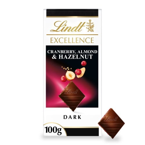 Lindt Excellence Cranberry, Almond & Hazelnut Dark Chocolate Bar 100g, British Import (Pack of 3)