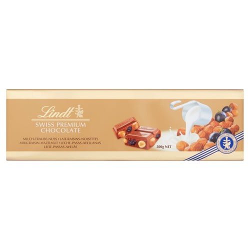 Lindt Gold Bar Milk Chocolate, Hazelnut & Raisin 300g, British Import (Pack of 3)