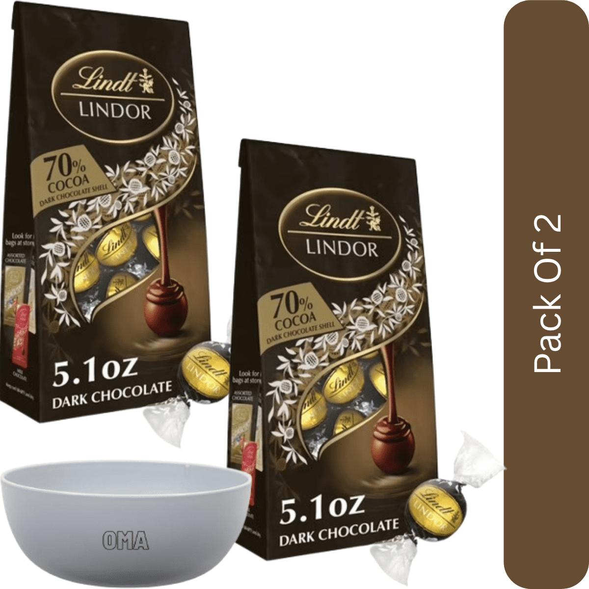 Lindt LINDOR 70% Extra Dark Chocolate Candy Truffles, 5.1 oz Bag-2pk, With White Bowl By OMA