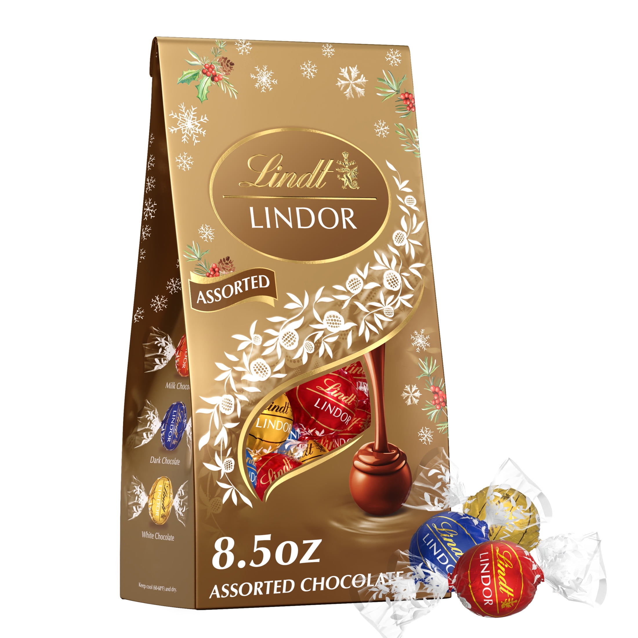 Lindt LINDOR Assorted Chocolate Christmas Candy Truffles, 8.5 oz. Bag