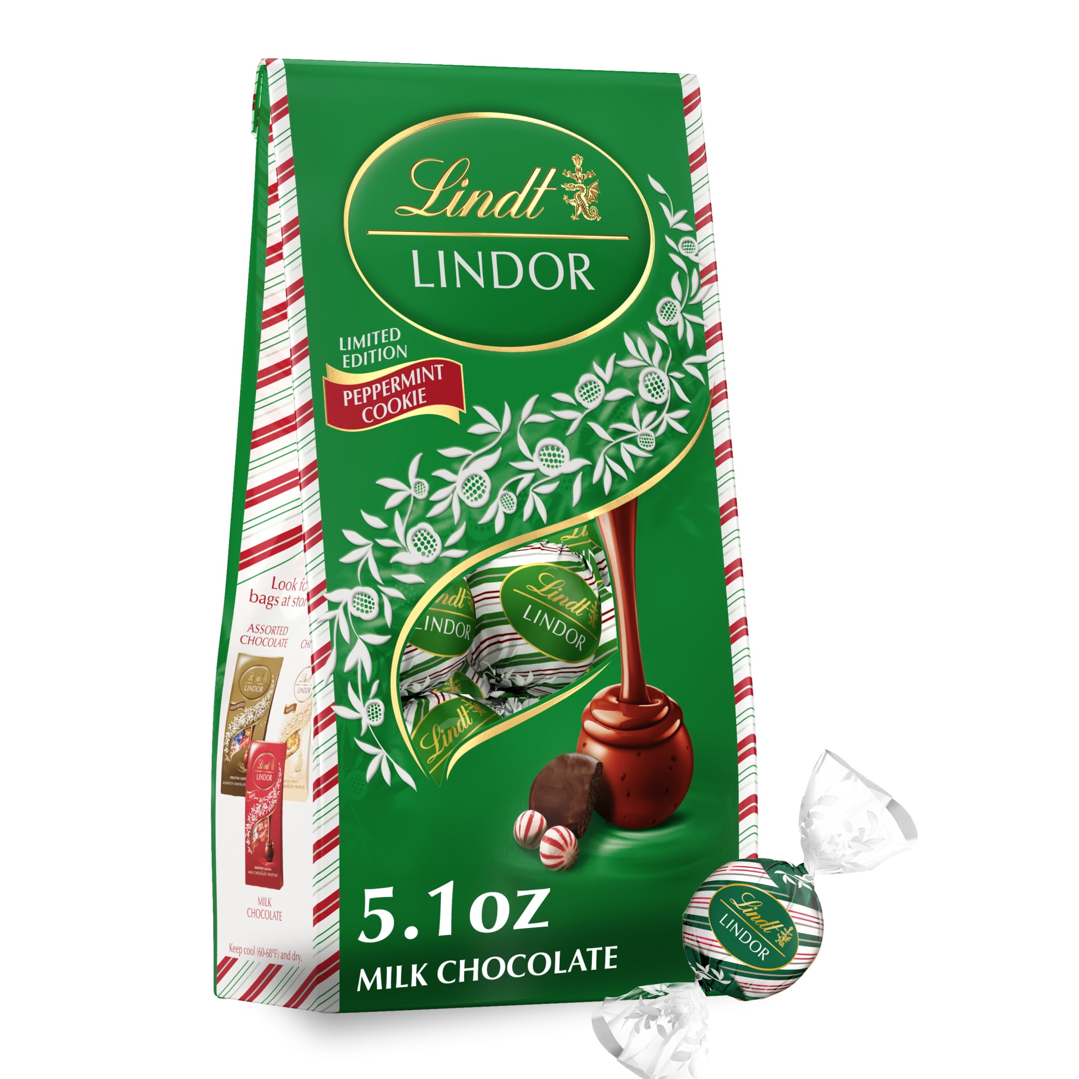 Lindt LINDOR Milk Chocolate Peppermint Cookie Christmas Chocolate Candy Truffles, 5.1 oz. Bag