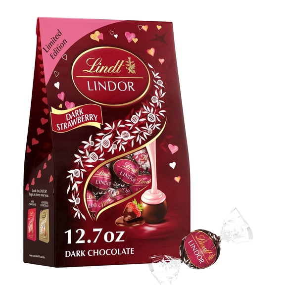 Lindt LINDOR Valentine's Day Strawberry Dark Chocolate Candy Truffles, 12.7 oz. Bag