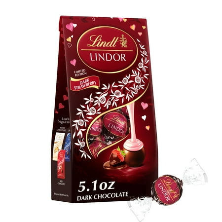 Lindt LINDOR Valentine's Day Strawberry Dark Chocolate Candy Truffles, 5.1 oz. Bag