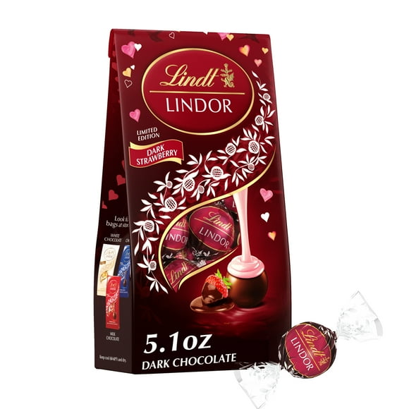 Lindt LINDOR Valentine's Day Strawberry Dark Chocolate Candy Truffles, 5.1 oz. Bag