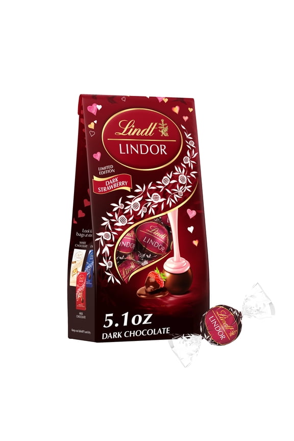 LINDOR Valentine's Day Strawberry Dark Chocolate Candy Truffles, 5.1 oz. Bag