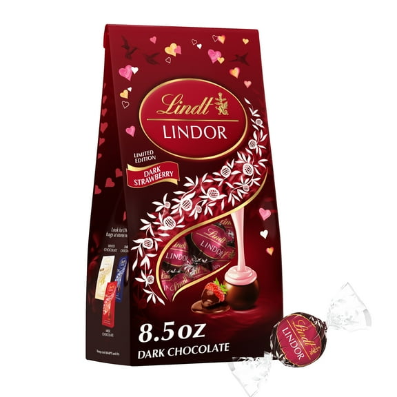 Lindt LINDOR Valentine's Day Strawberry Dark Chocolate Candy Truffles, 8.5 oz. Bag