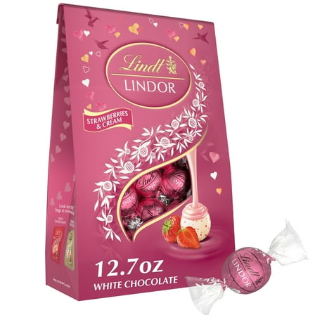 Lindt LINDOR Valentine's Day Strawberries and Cream White Chocolate Candy Truffles, 12.7 oz. Bag