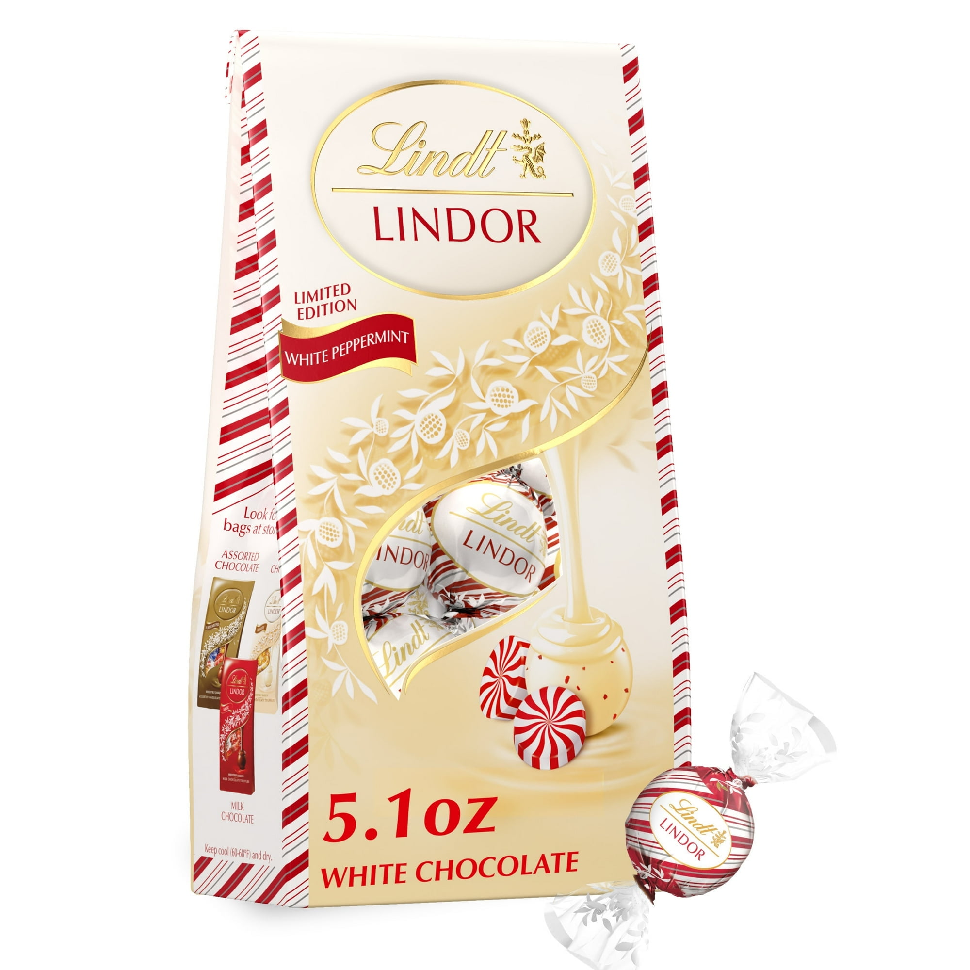 Lindt LINDOR White Chocolate Peppermint Christmas Candy Truffles, 5.1 oz. Bag(Pack of 2)
