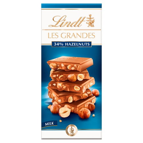 Lindt Les Grandes Hazelnuts Milk Chocolate Bar 150g, British Import (Pack of 3)