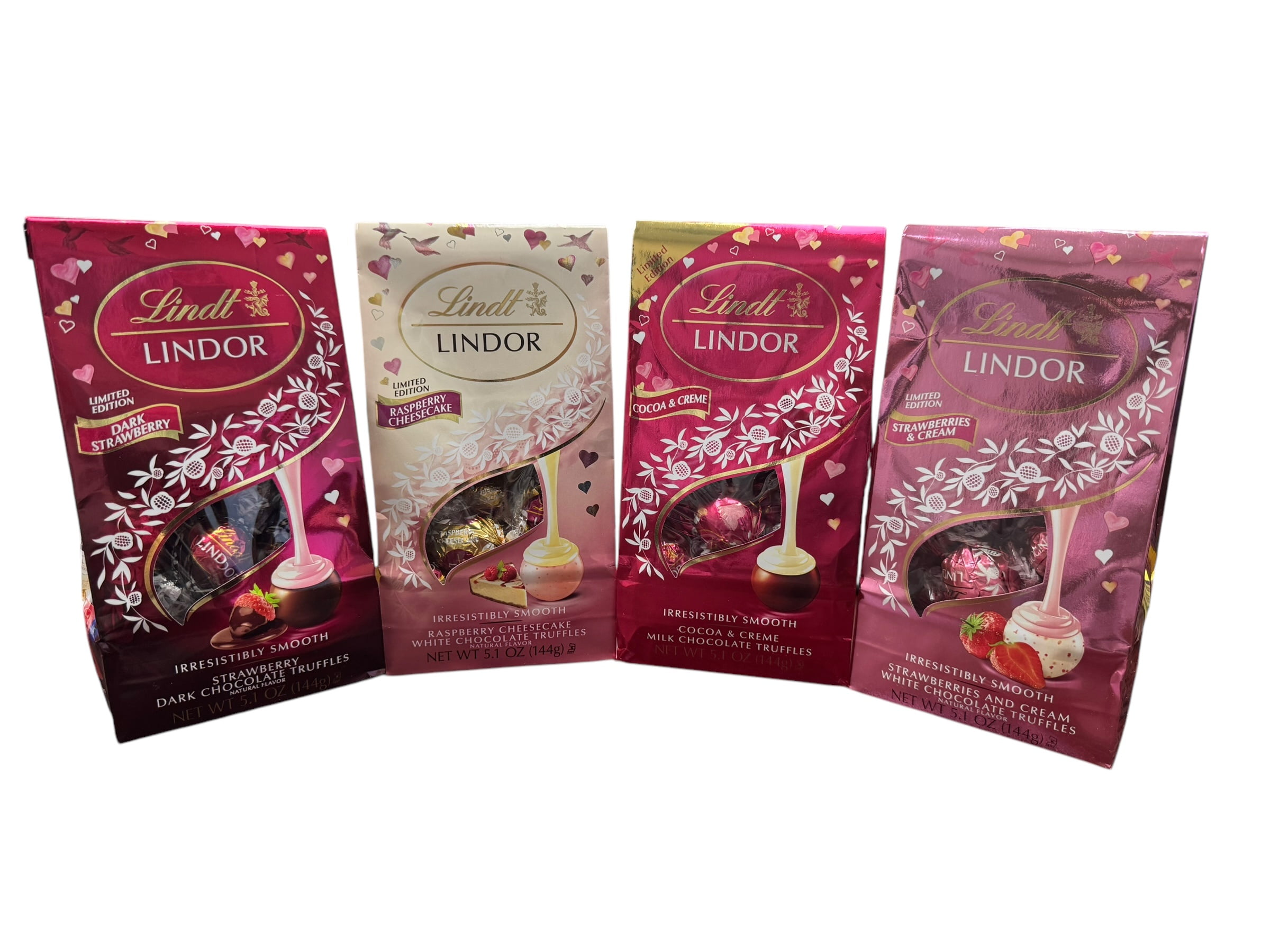 Lindt Lindor Limited Edition Valentine's Day Truffles - 4 Pack: Dark Strawberry, Raspberry Cheesecake, Strawberries & Cream, and Cocoa & Crme - 5.1 oz each