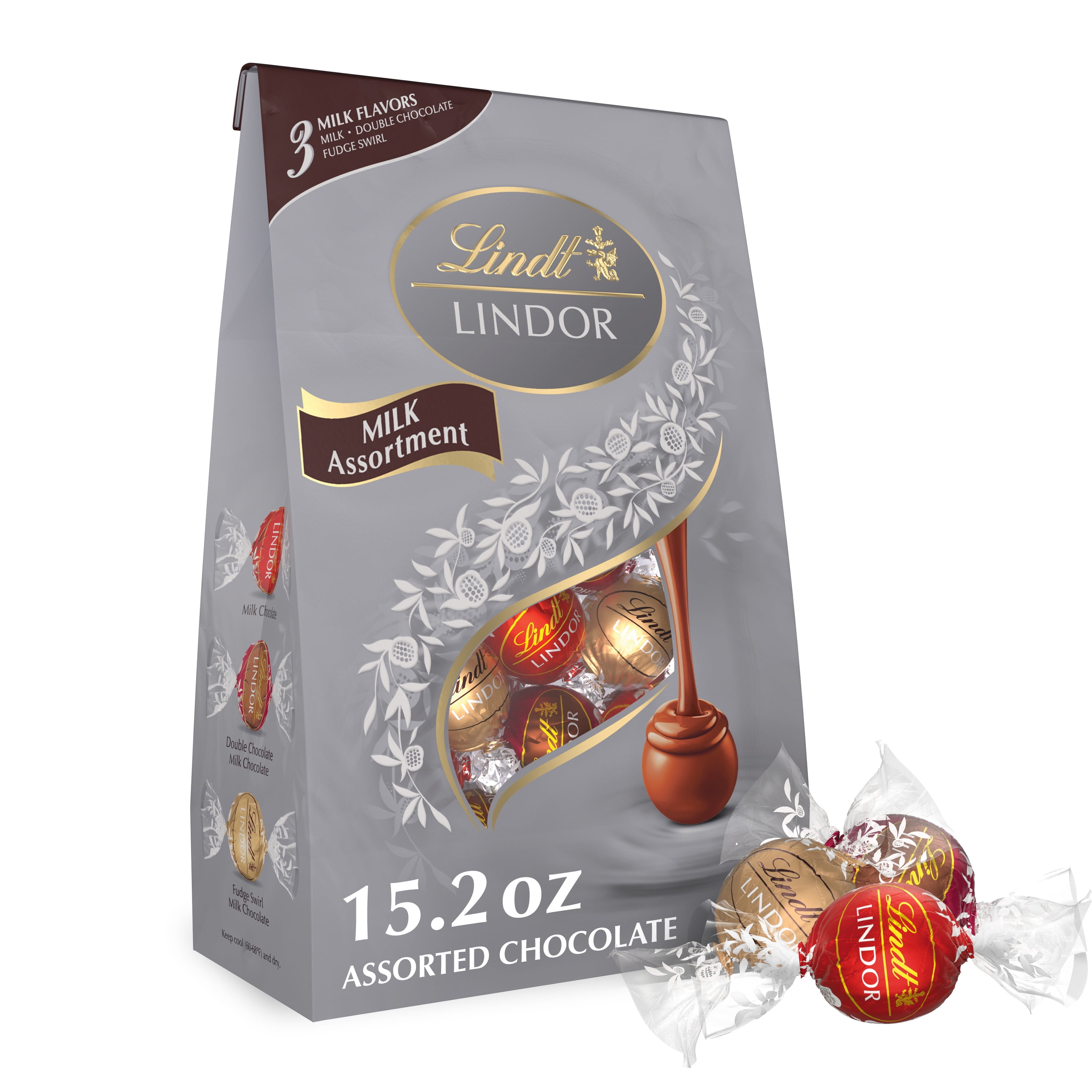 Lindt Lindor Milk Assorted Chocolate Candy Truffles, 15.2 oz. Bag