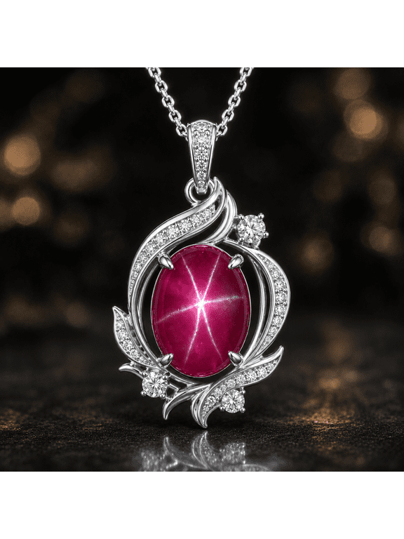 Simulated Star Ruby Statement Pendant Necklace, 18x13mm Oval Cabochon Gemstone in German Silver, Available in Silver, Gold & Rose Gold