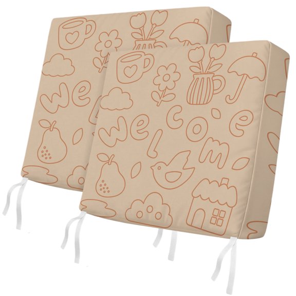 Line Art 2 Pcs Patio Cushion Covers, Minimalist Craft Tan Letters Brown Bird Teacup Flower Waterproof Outdoor Cushion Cover, Replacement Washable Sofa Chair Seat Cover with Zipper 20"x18"x4"