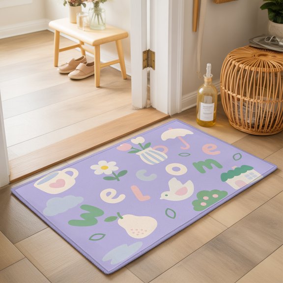 Line Art 2'x3' Small Rugs for Entryway Front Door Kitchen Sink Area, Cute Sticker Pack Green Pink Beige Letter Bird Flower Purple Soft Sturdy Mats Washable Non Slip Rectangle Area Rug