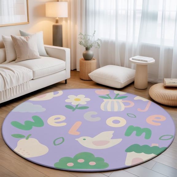 Line Art 8' Round Rugs for Open Concept Living Room Seating Zone, Cute Sticker Pack Green Pink Beige Letter Bird Flower Purple Washable Non Slip Mats Large Circle Lounge Area Area Rug