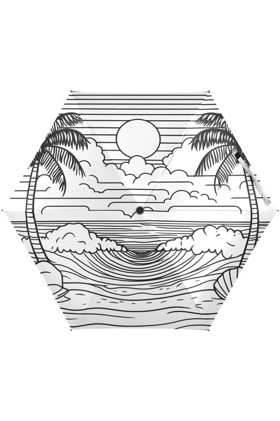 Line Art Beach Umbrellas for Sun Auto Open Close UV50+ Waterproof 5-Fold Compact Fiberglass Frame