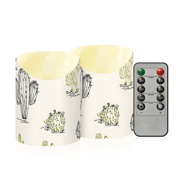 Line Art Cactus Cute Flickering Flameless Candles with Remote Timer Battery Operated LED Tealight Set of 2 S