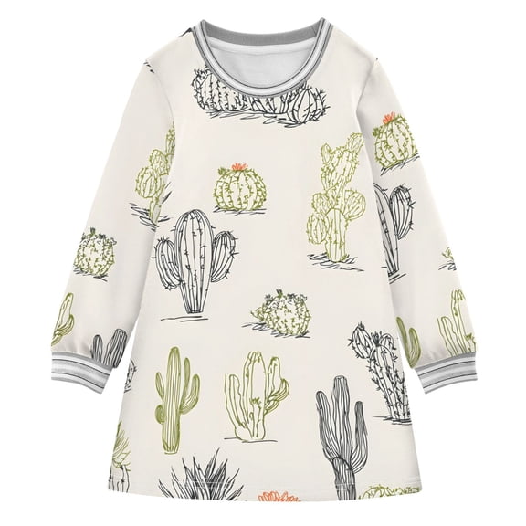 Line Art Cactus Cute Long-sleeved Dress A-line One-Piece Dress for 2-8 Years Casual Party 2T
