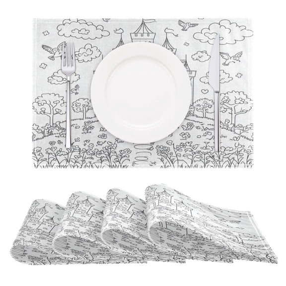 Line Art Castle Pattern Reversible Placemat Set of 4 Non Slip Coffee Mats 18x12 Inch for Dining, Kitchen, Coffee