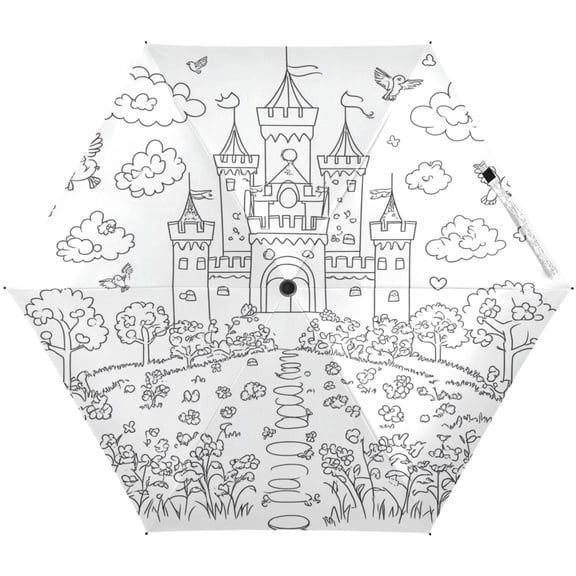 Line Art Castle Pattern Umbrellas for Sun Auto Open Close UV50+ Waterproof 5-Fold Compact Fiberglass Frame
