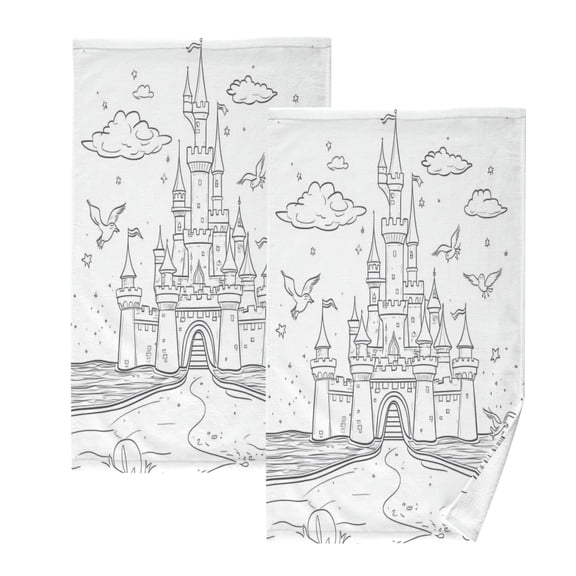 Line Art Castle Set of 2 Pure Cotton Towels, 16'' x 28'', Highly Absorbent and Soft