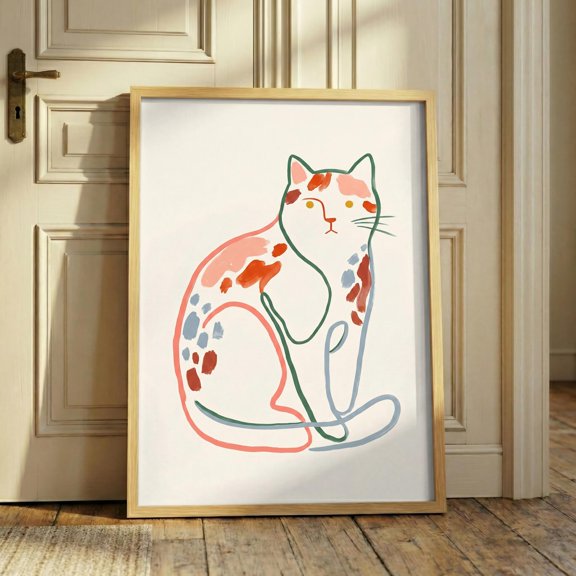 Line Art Cat Print , Minimalist Pastel Wall Art, Boho Feline Poster, Danish Pastel Decor, Cute Cat Portrait, Eclectic Pet Gift , Poster Print Only