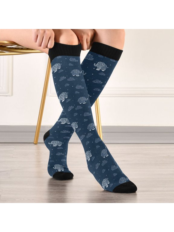 Line Art Cute Elephants Clouds Stars Compression Stockings Knee High Socks Unisex 1 Pair